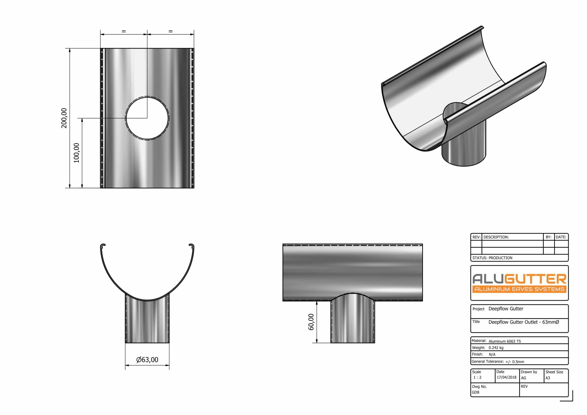 GD8 - DEEPFLOW GUTTER OUTLET 63mm DIA - 130mm - Alugutter