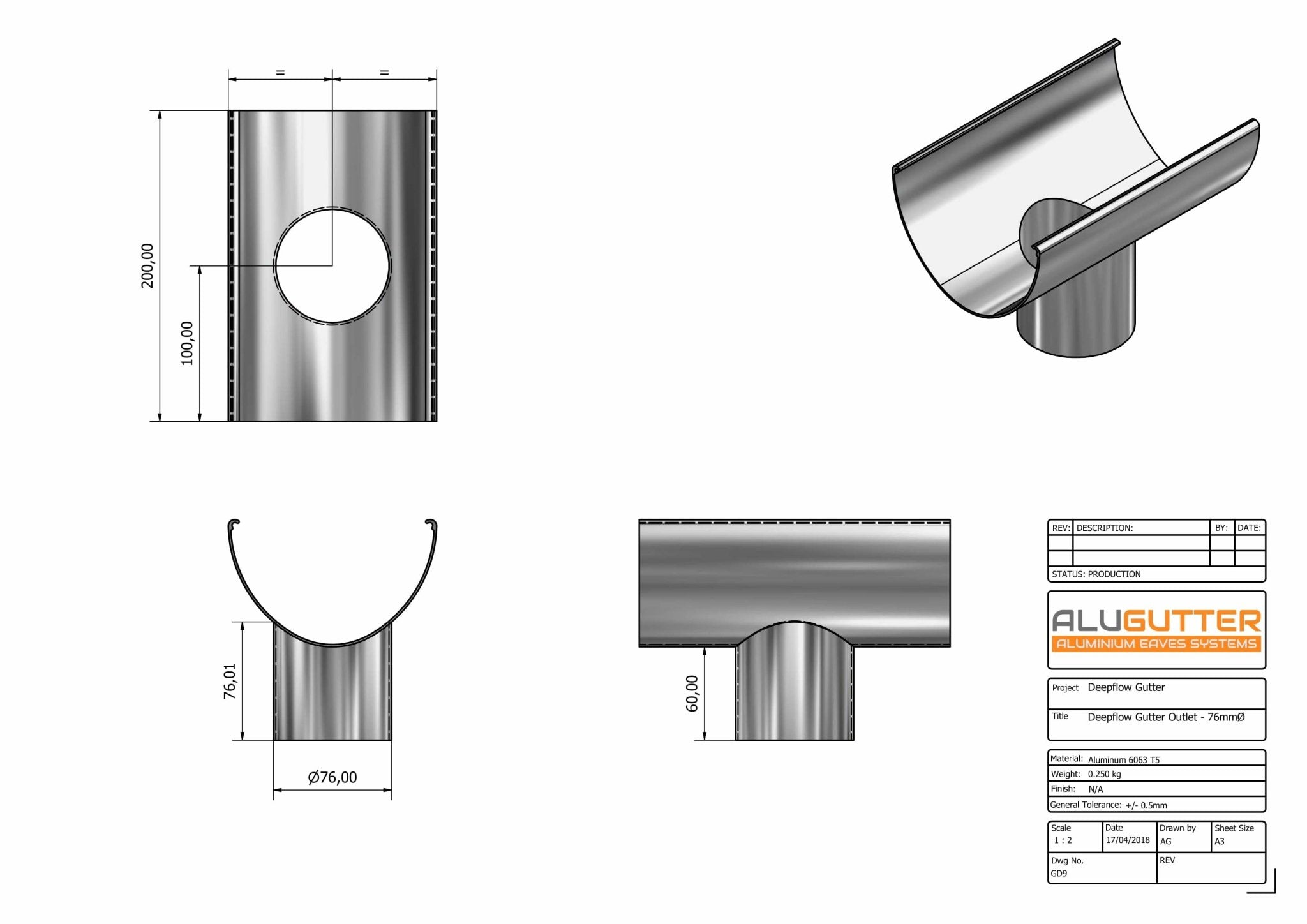 GD9 - DEEPFLOW GUTTER OUTLET 76mm DIA - 130mm - Alugutter