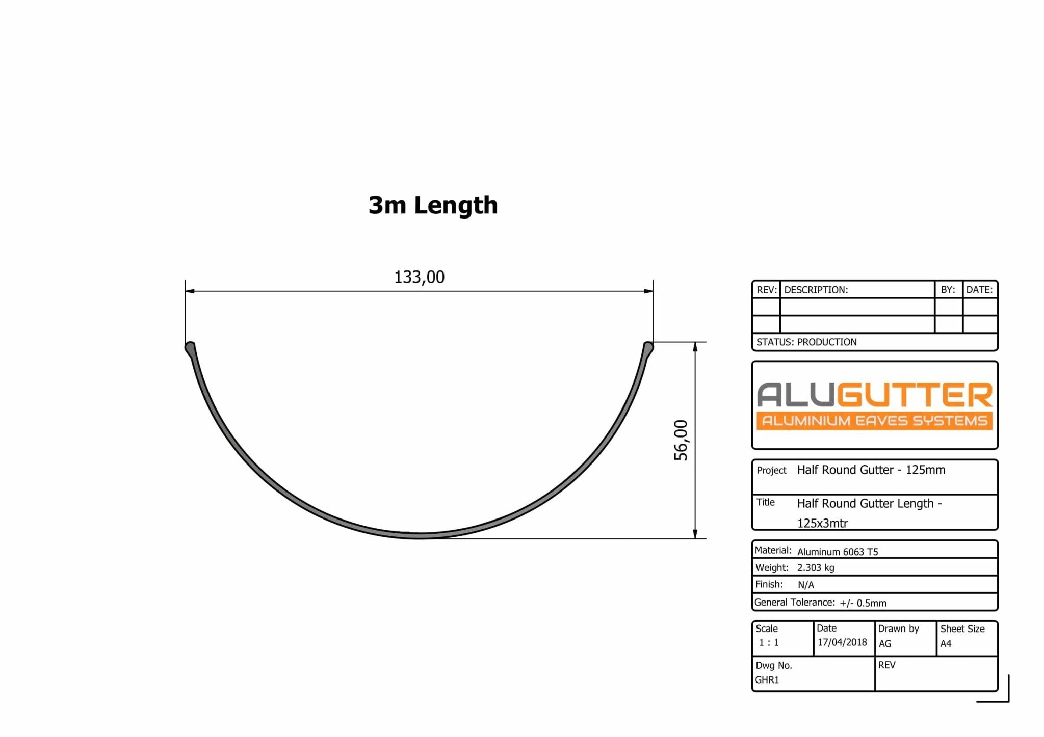 GHR1 - HALF ROUND GUTTER LENGTH - 125mm x 3m - Alugutter