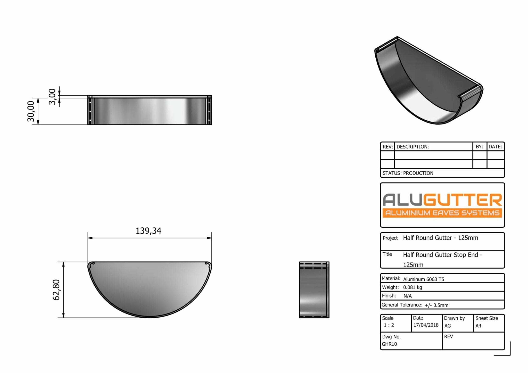 GHR10 - HALF ROUND GUTTER STOP END - 125mm - Alugutter