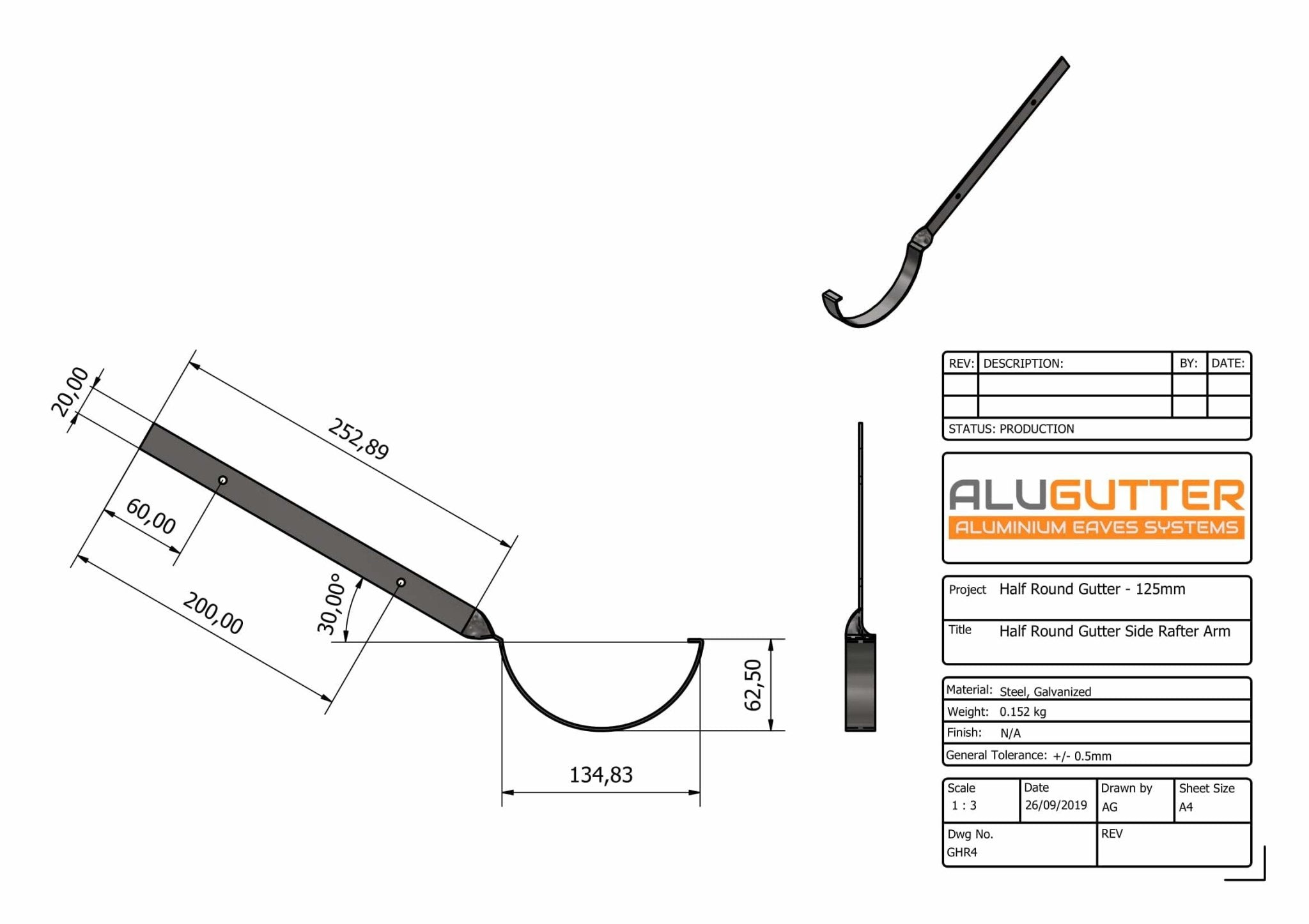 GHR4 - HALF ROUND GUTTER SIDE RAFTER BRACKET - 125mm - Alugutter