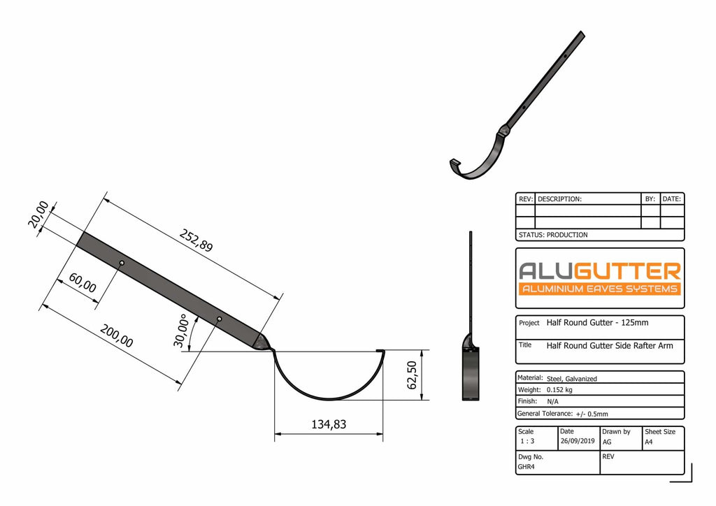 Rhs Rafter Gutter Half Round Aluminium Gutter Side Rafter Bracket - 125mm