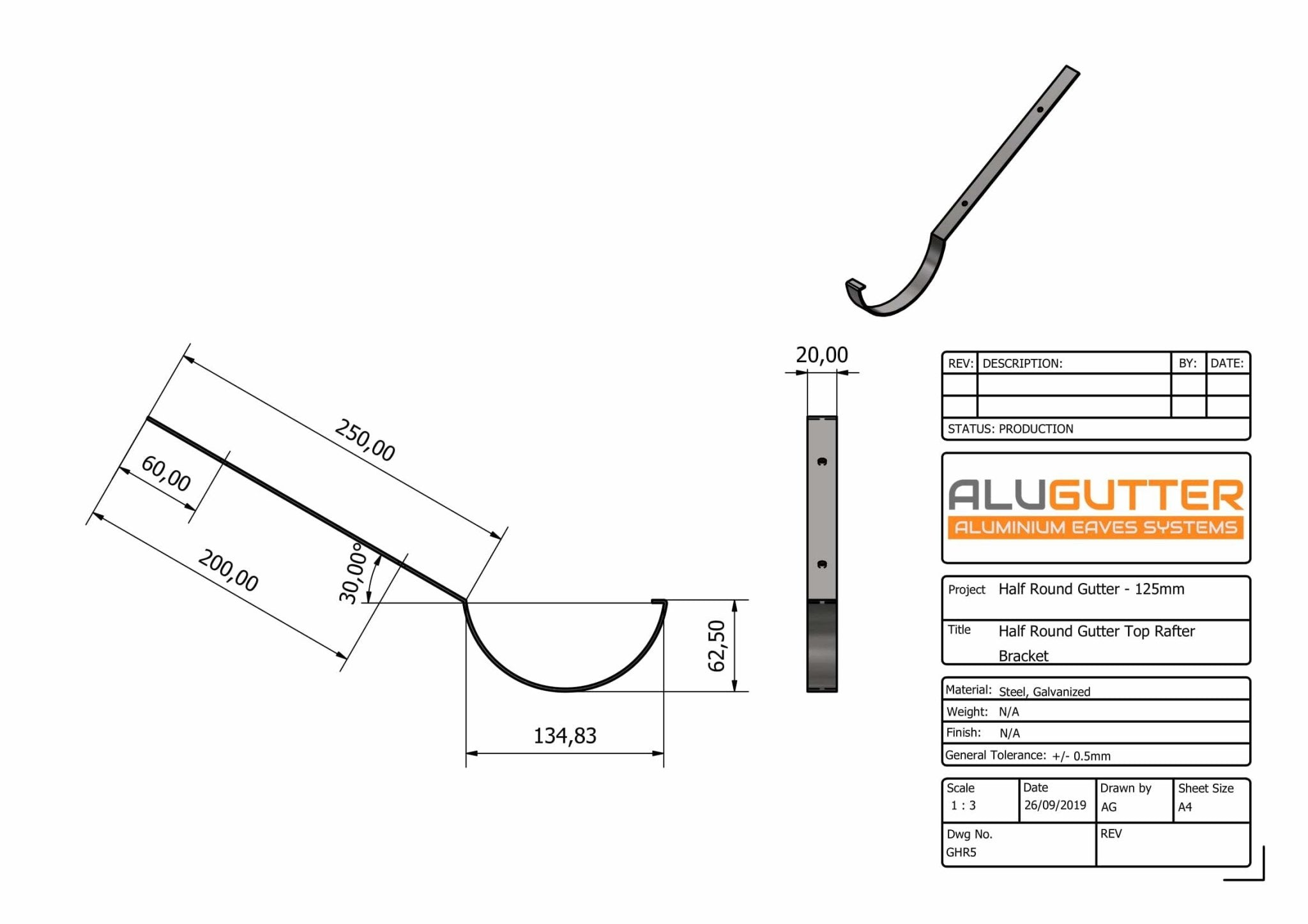 GHR5 - HALF ROUND GUTTER TOP RAFTER BRACKET - 125mm - Alugutter