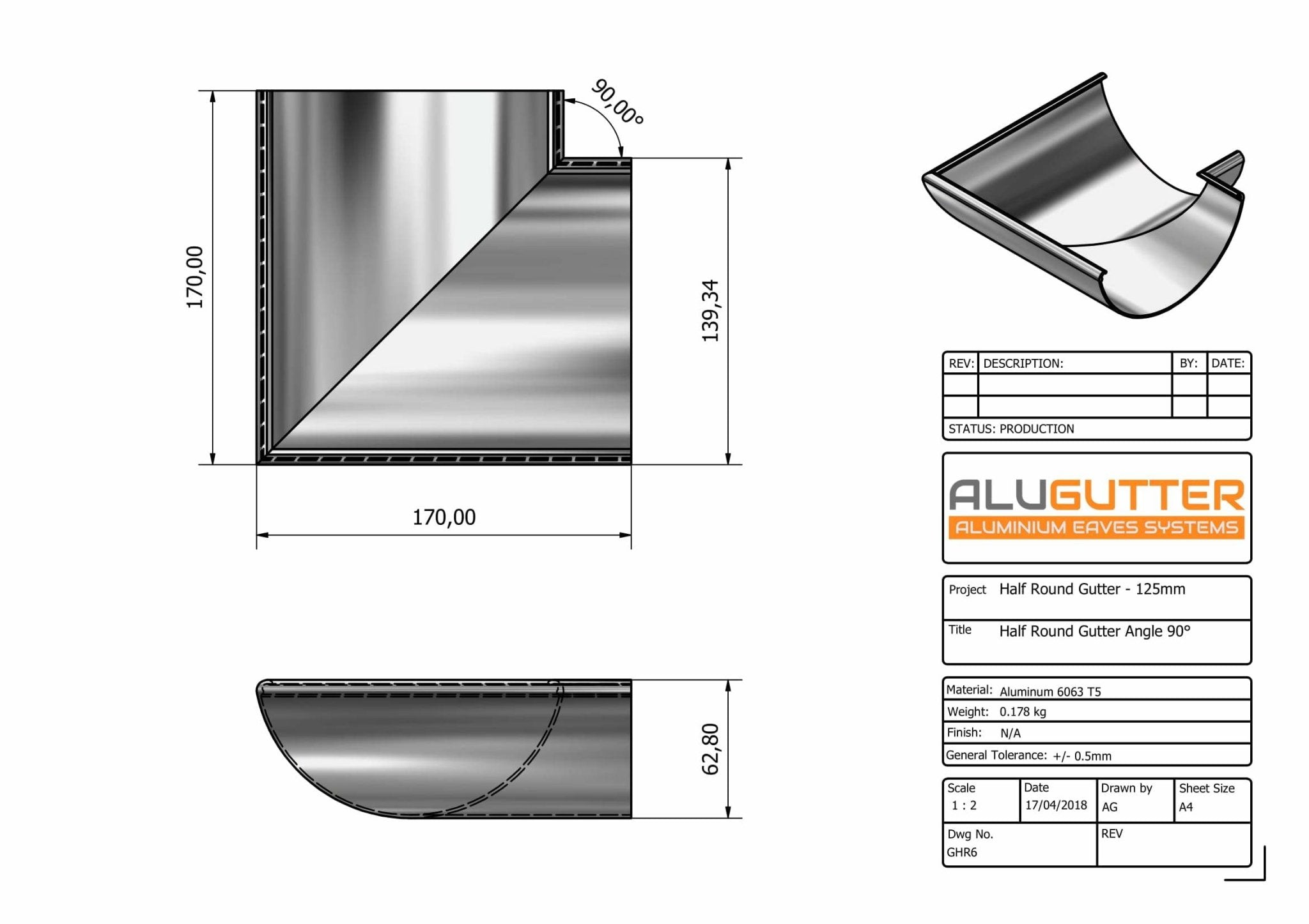 GHR6 - HALF ROUND GUTTER ANGLE 90 DEG - 125mm - Alugutter