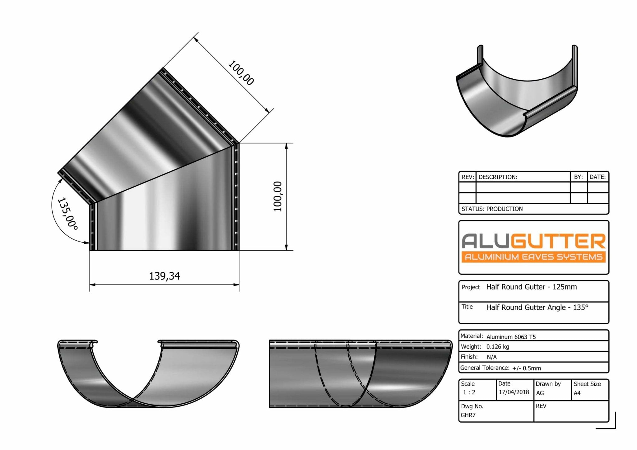 GHR7 - HALF ROUND GUTTER ANGLE 135 DEG - 125mm - Alugutter