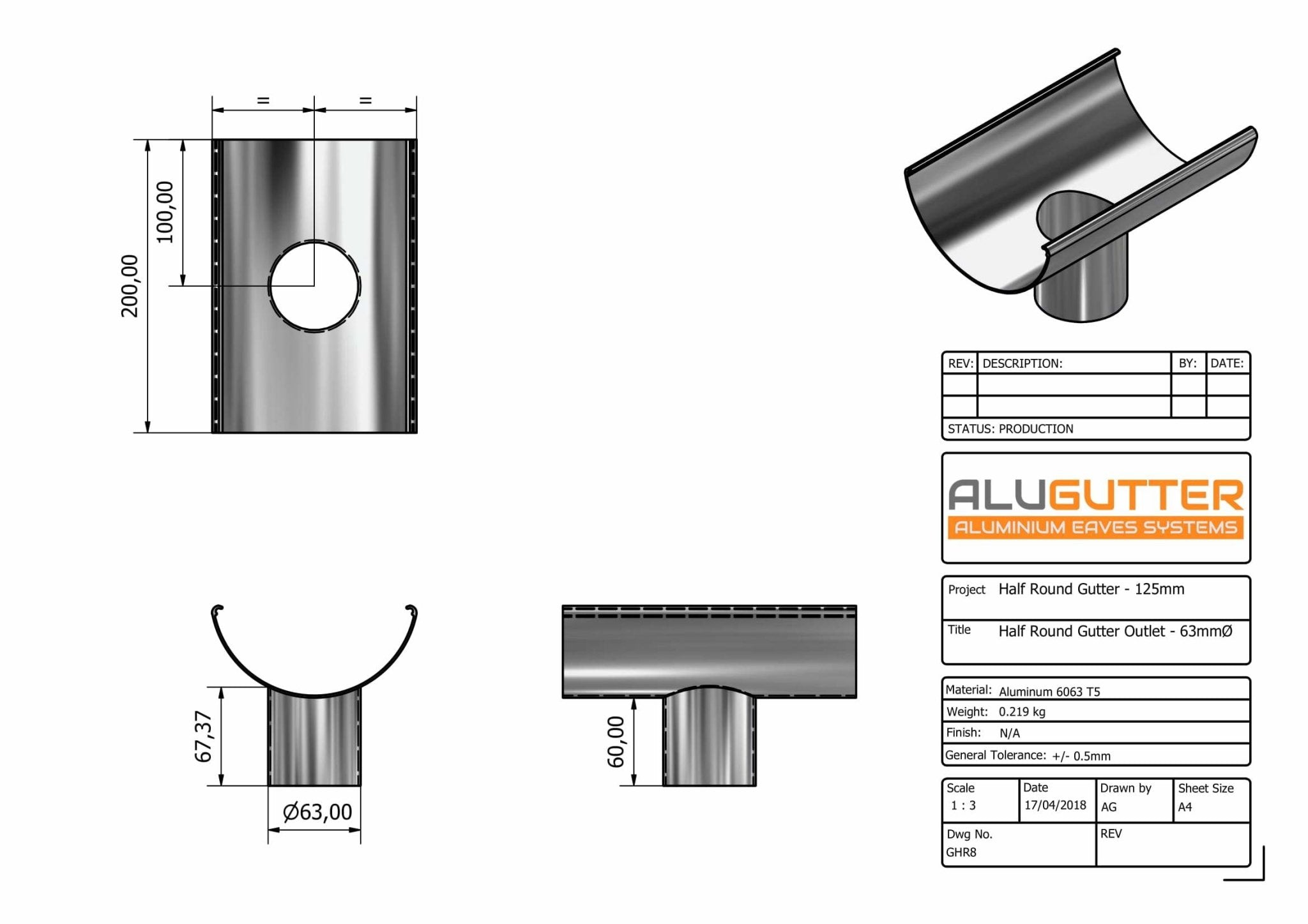 GHR8 - HALF ROUND GUTTER OUTLET 63mm DIA - 125mm - Alugutter