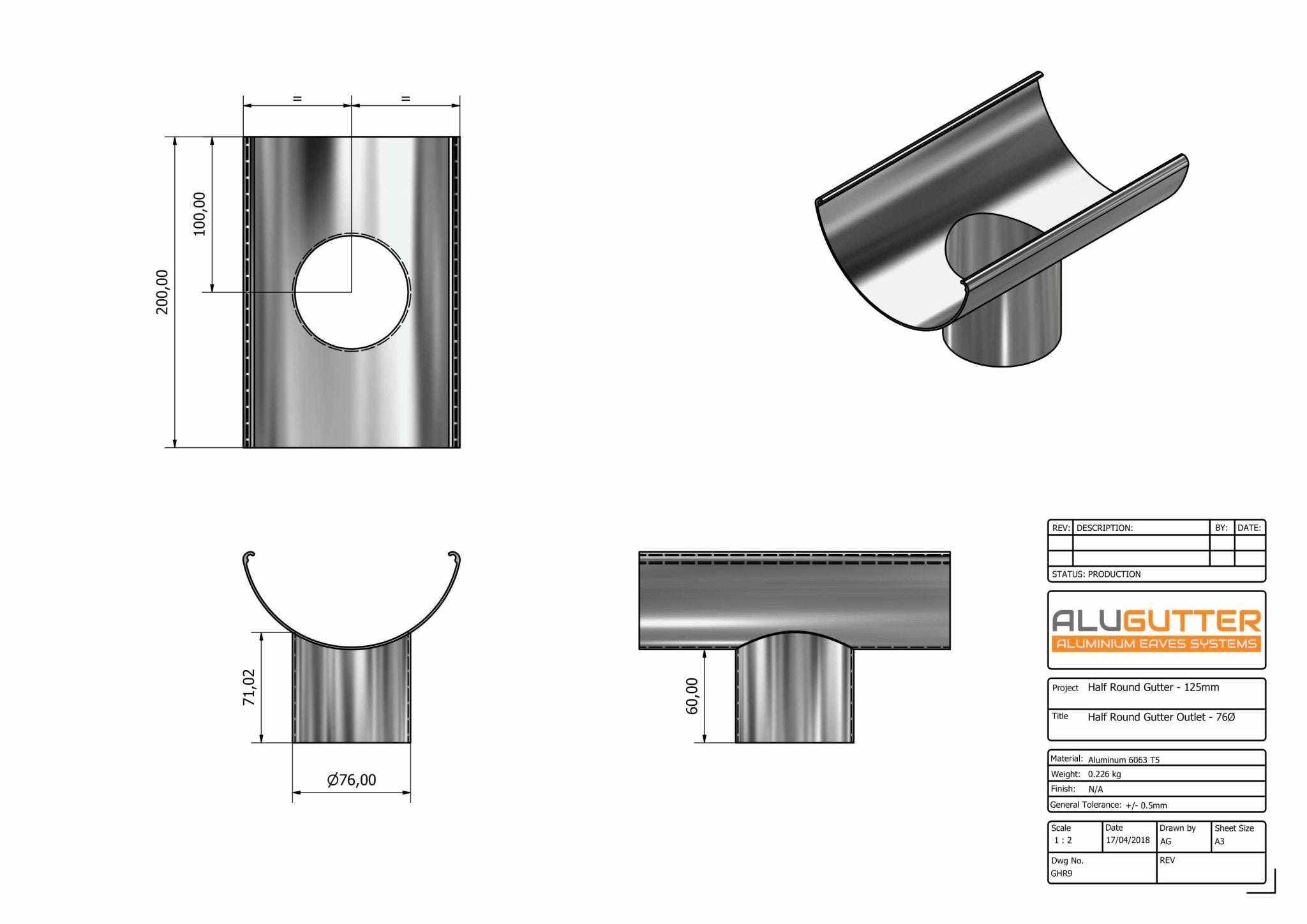 GHR9 - HALF ROUND GUTTER OUTLET 76mm DIA - 125mm - Alugutter