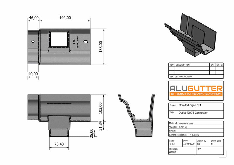 GTM13 - MOULDED GUTTER OUTLET 72X72mm - 125 x 100mm - Alugutter