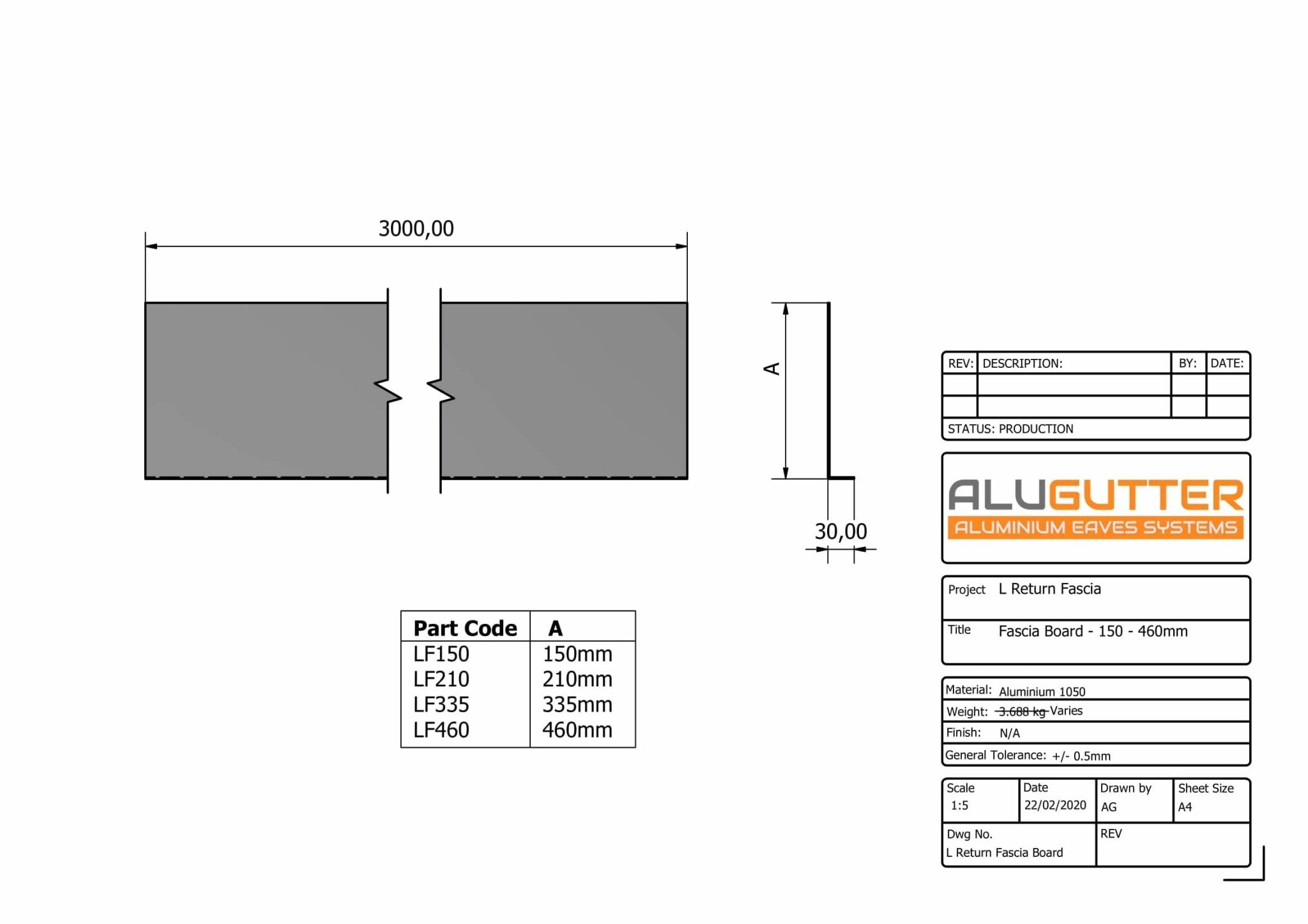 L RETURN FASCIA BOARD (30mm Return) - 3m - Alugutter