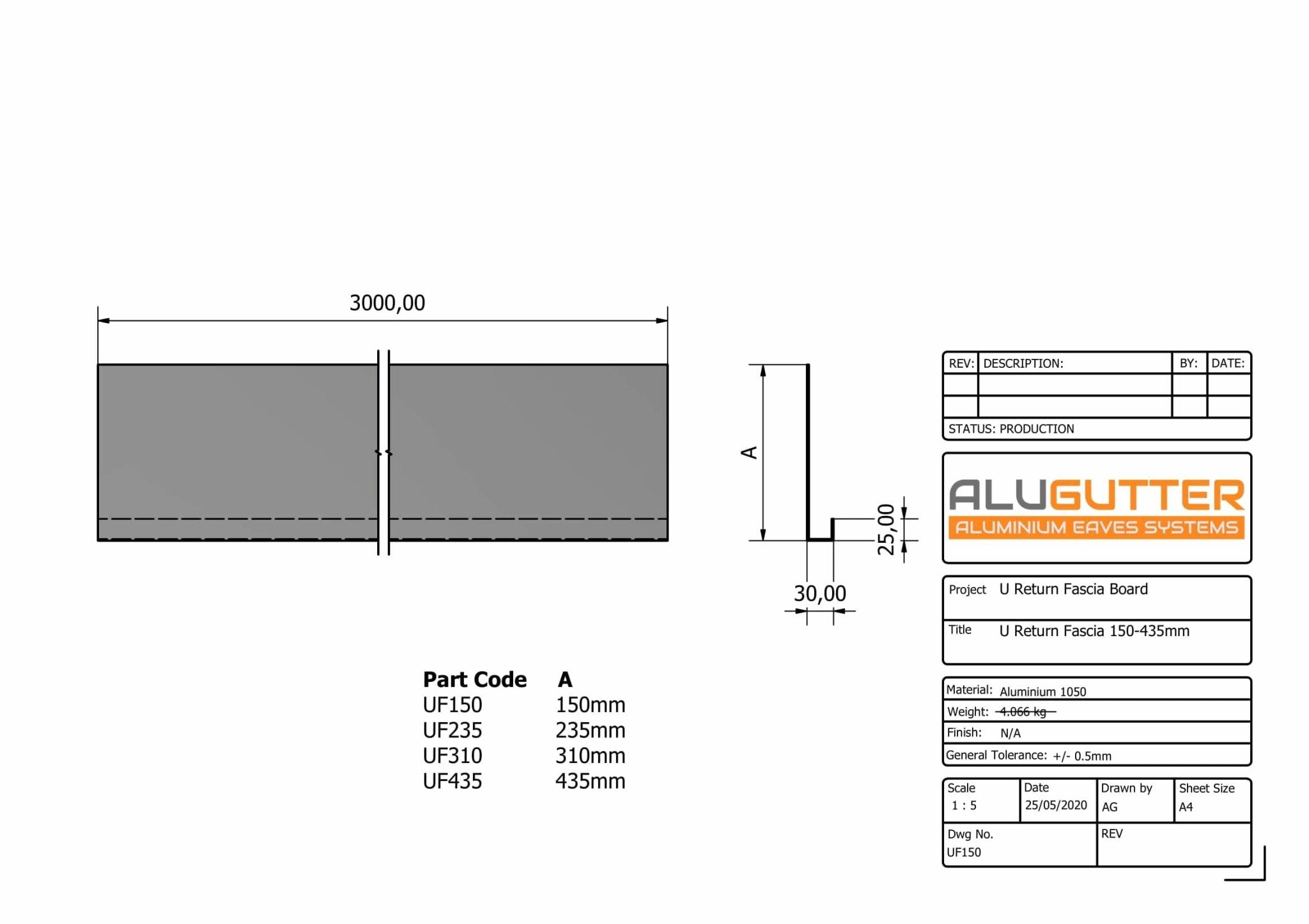 U RETURN FASCIA BOARD (30x25mm Return) - 3m - Alugutter