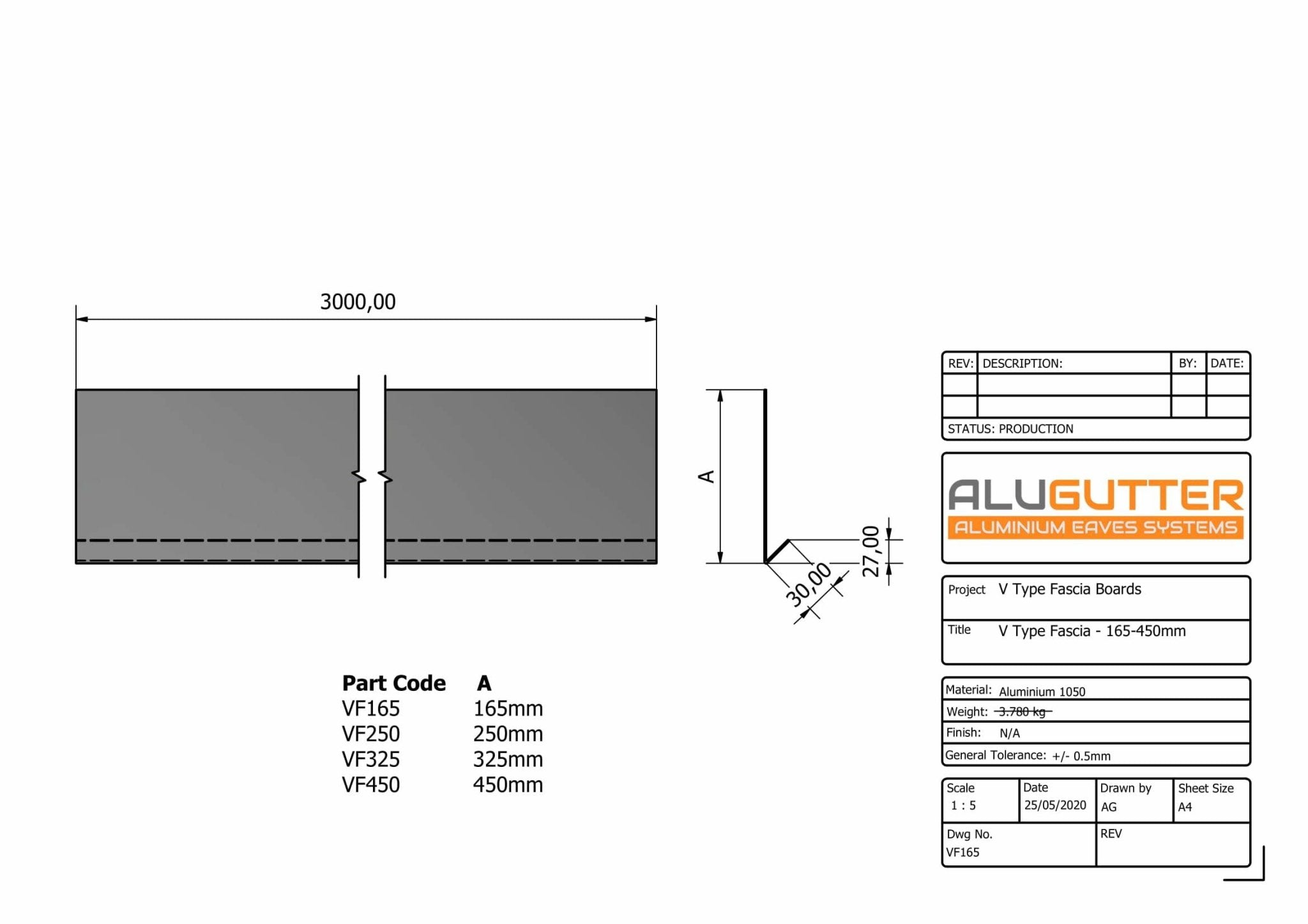 V RETURN FASCIA BOARD (30mm Return, 45 Deg) - 3m - Alugutter