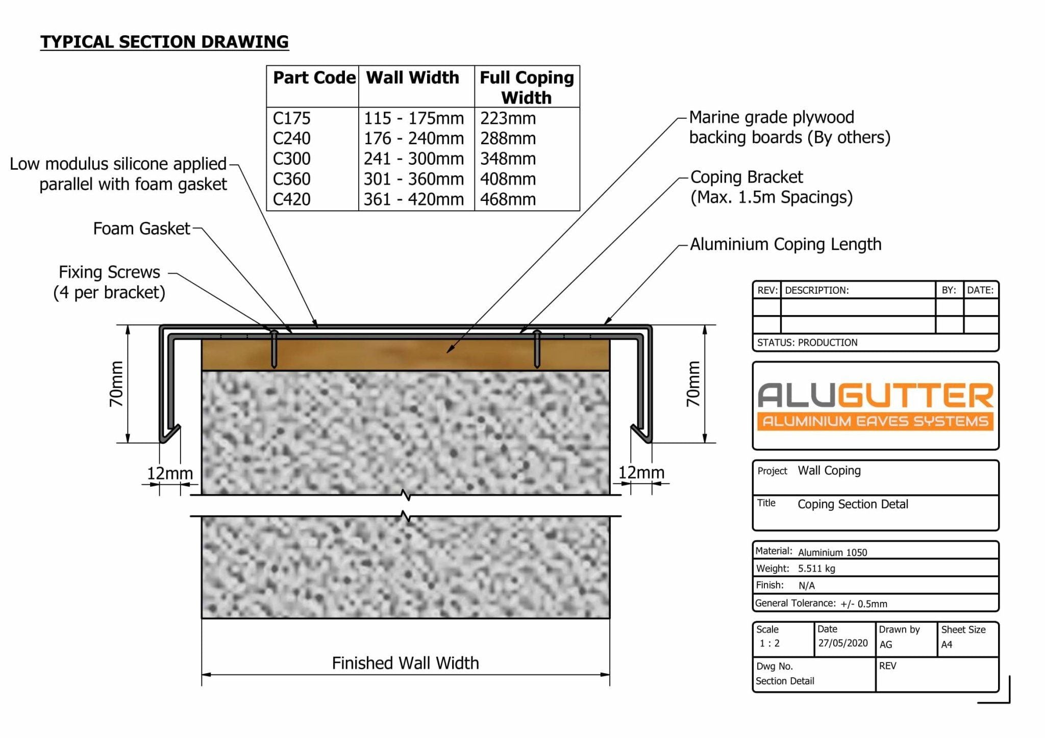 ALUMINIUM WALL COPING SECTION - Alugutter